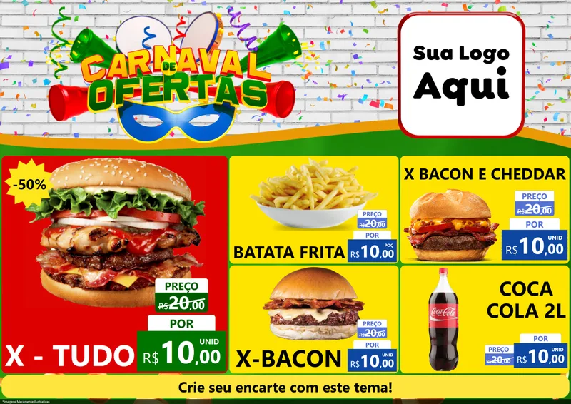 Modelo de Encarte para Encarte A4 Horizontal com o tema Carnaval de Ofertas para Hamburgueria