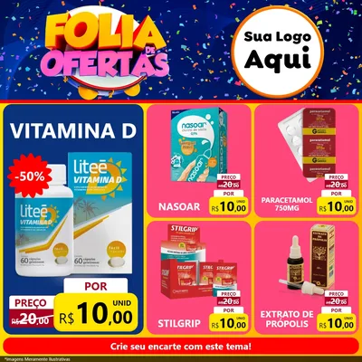 Modelo de Rede Social para Feed Facebook com o tema Folia de Ofertas para Farmácia