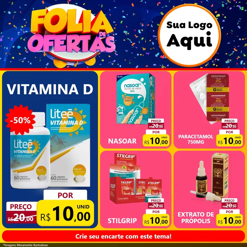 Modelo de Rede Social para Feed Facebook com o tema Folia de Ofertas para Farmácia
