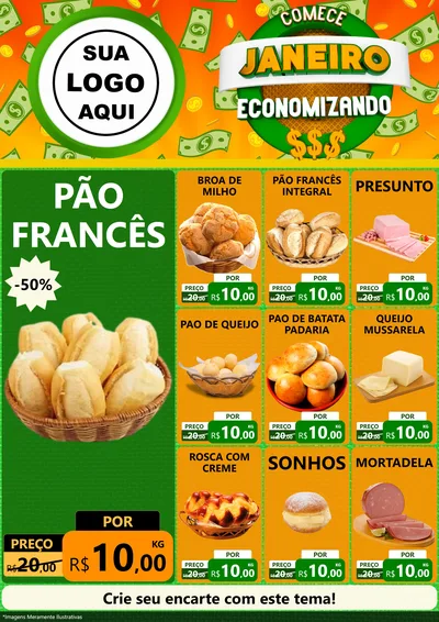 Modelo de Encarte para Encarte A4 Vertical com o tema Comece Janeiro Economizando para Padaria