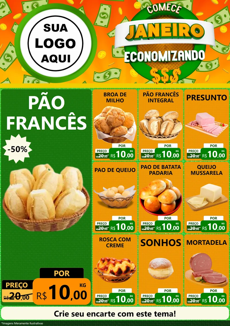 Modelo de Encarte para Encarte A4 Vertical com o tema Comece Janeiro Economizando para Padaria