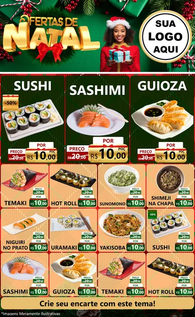 Modelo de Encarte para Encarte Grande com o tema Ofertas de Natal para Comida japonesa