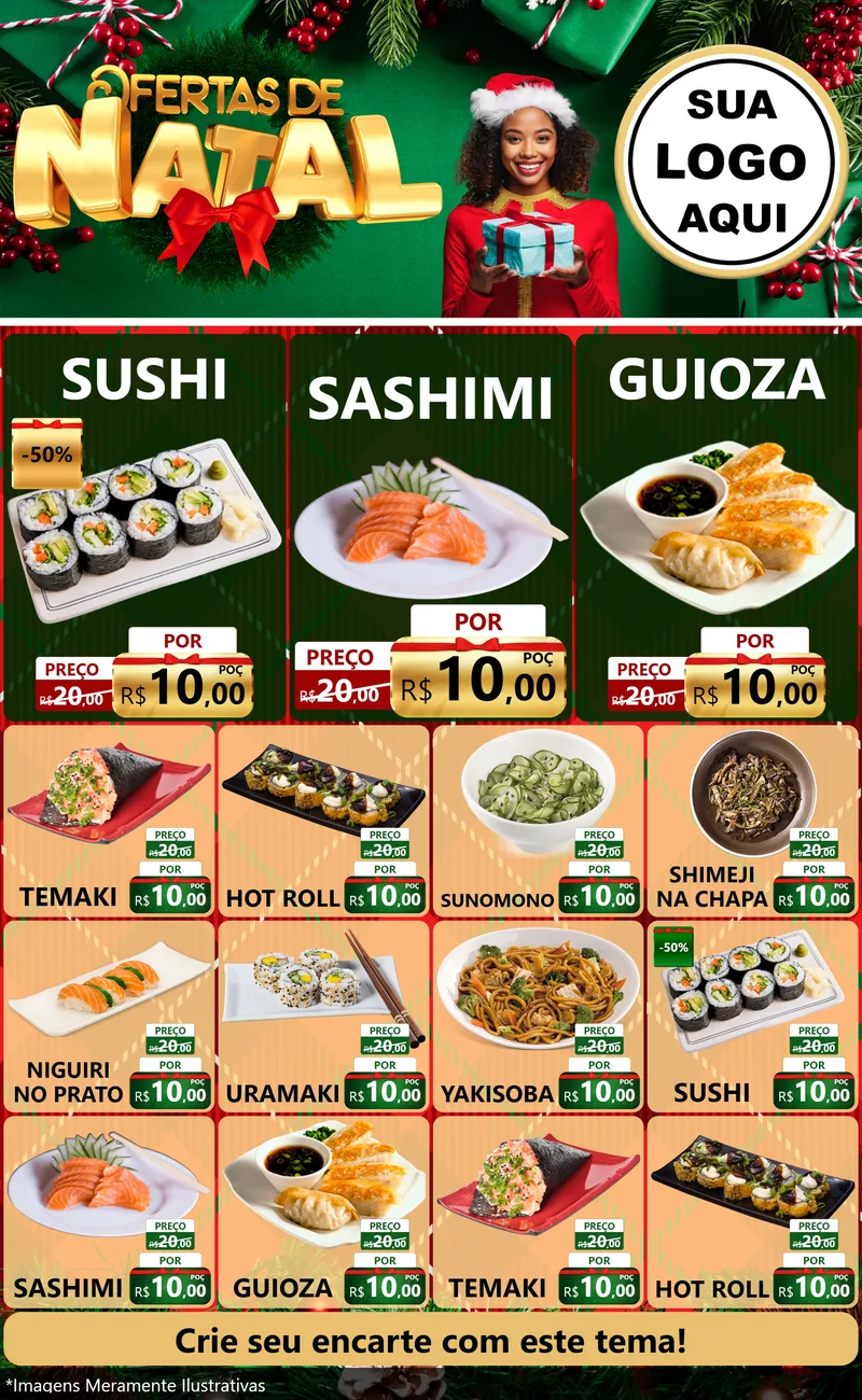 Modelo de Encarte para Encarte Grande com o tema Ofertas de Natal para Comida japonesa