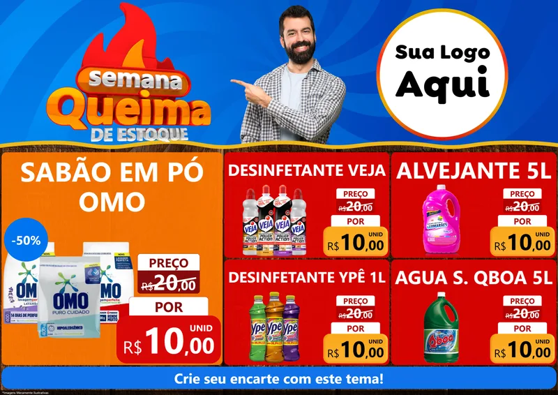 Modelo de Encarte para Encarte A4 Horizontal com o tema Semana Queima de Estoque para Produtos de Limpeza
