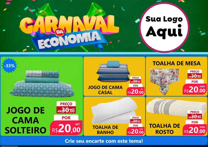 Modelo de Encarte para Encarte A4 Horizontal com o tema Carnaval da Economia para Cama, Mesa e Banho