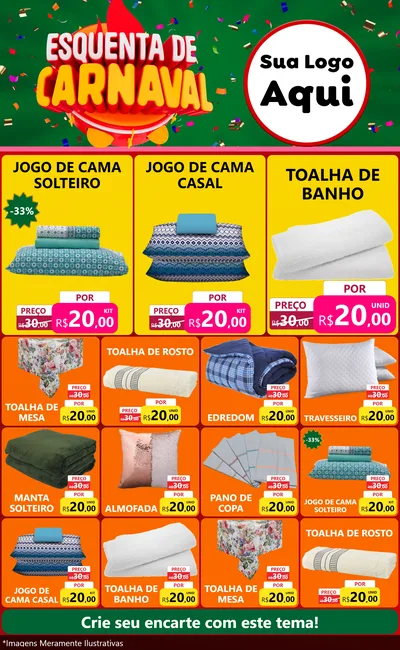 Modelo de Encarte para Encarte Grande com o tema Esquenta de Carnaval para Cama, Mesa e Banho
