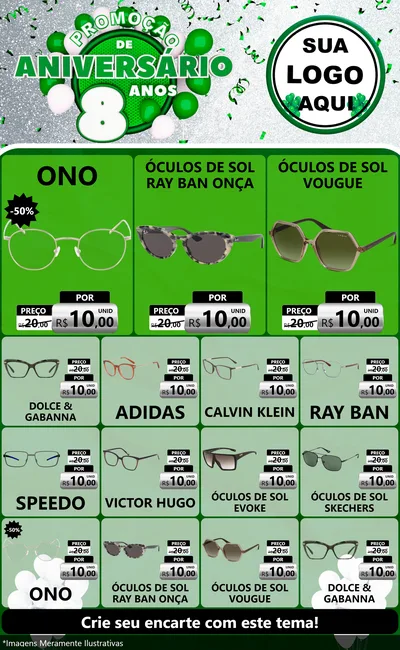 Modelo de Encarte para Encarte Grande com o tema Promoção de Aniversário - 8 Anos para Óticas