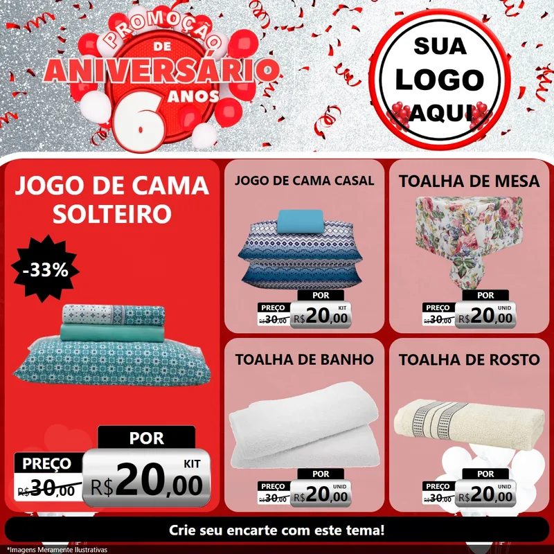 Modelo de Rede Social para Feed Facebook com o tema Promoção de Aniversário - 6 Anos para Cama, Mesa e Banho