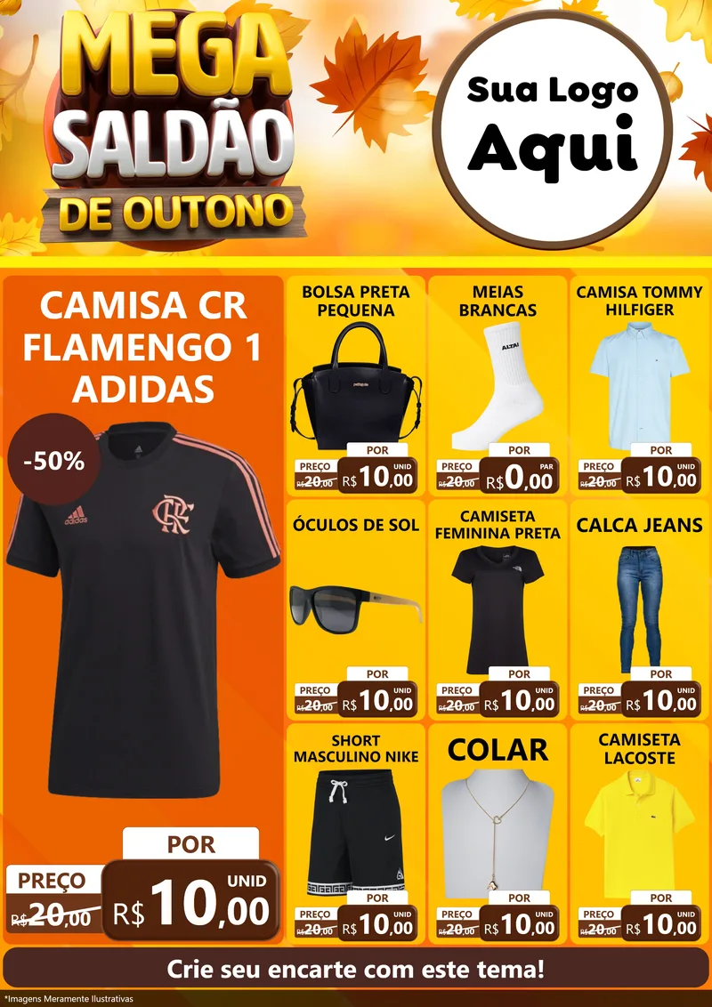 Modelo de Encarte para Encarte A4 Vertical com o tema Mega Saldão de Outono para Roupas e acessórios