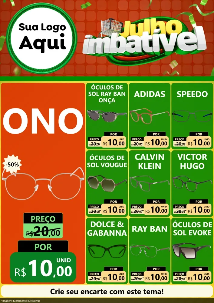 Modelo de Encarte para Encarte A4 Vertical com o tema Julho Imbatível para Óticas