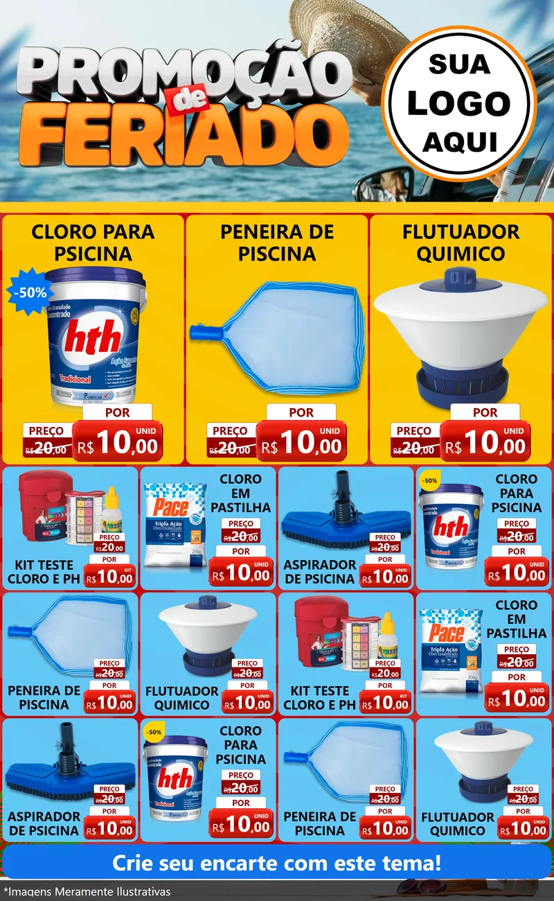 Modelo de Encarte para Encarte Grande com o tema Promoção de Feriado para Produtos para Piscina