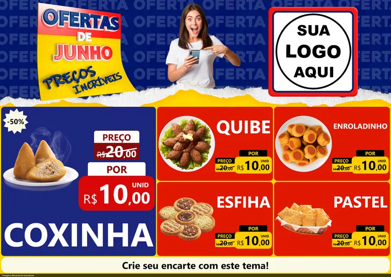Modelo de Encarte para Encarte A4 Horizontal com o tema Ofertas de Junho - Preços Incríveis para Salgadaria