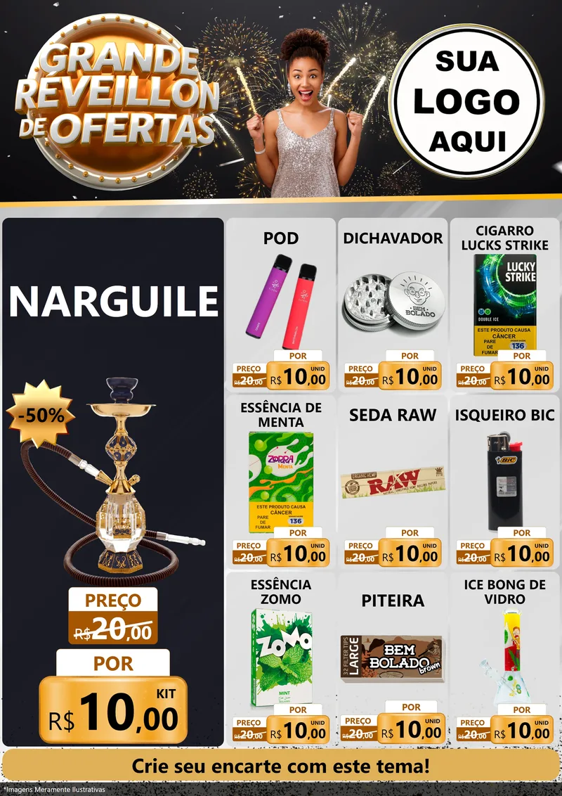 Modelo de Encarte para Encarte A4 Vertical com o tema Grande Réveillon de Ofertas para Tabacaria