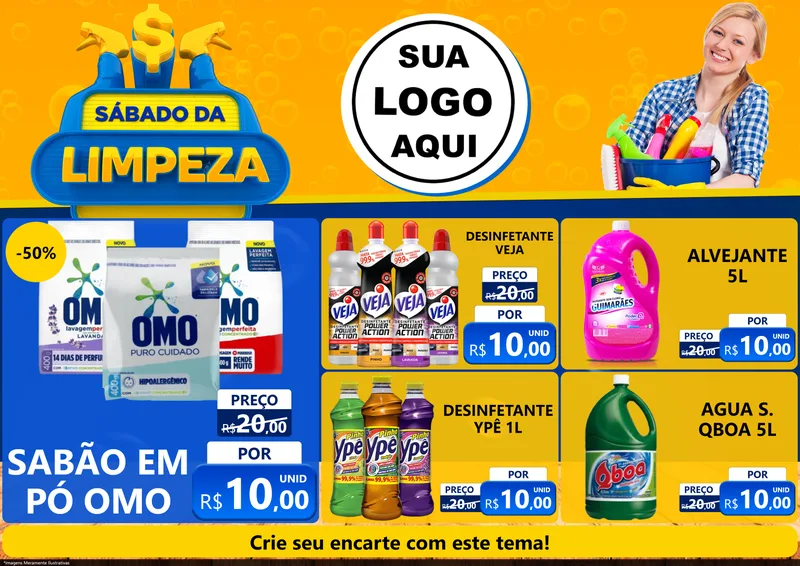 Modelo de Encarte para Encarte A4 Horizontal com o tema Sábado da Limpeza para Produtos de Limpeza