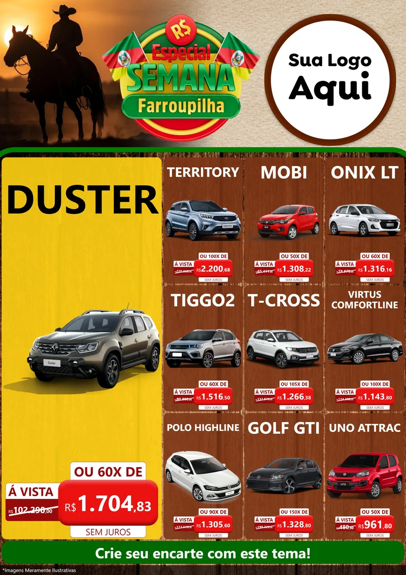 Modelo de Encarte para Encarte A4 Vertical com o tema Especial Semana Farroupilha para Concessionaria de Carros