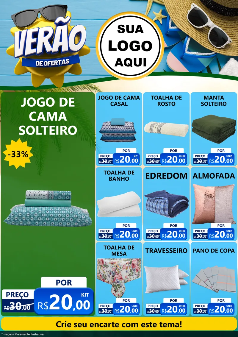 Modelo de Encarte para Encarte A4 Vertical com o tema Verão de Ofertas para Cama, Mesa e Banho