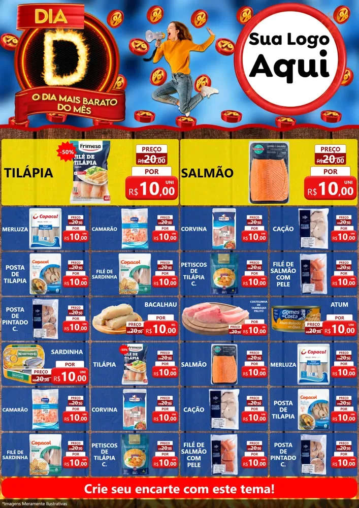 Modelo de Encarte para Encarte A4 Vertical com o tema Dia D - O Dia Mais Barato Do Mês para Peixaria