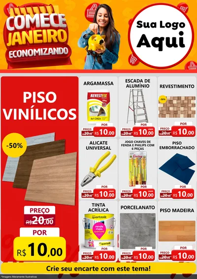Modelo de Encarte para Encarte A4 Vertical com o tema Comece Janeiro Economizando para Material para Construção