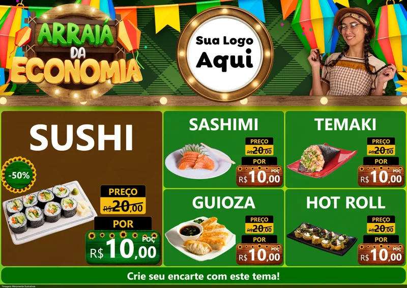 Modelo de Encarte para Encarte A4 Horizontal com o tema Arraiá de Economia para Comida japonesa