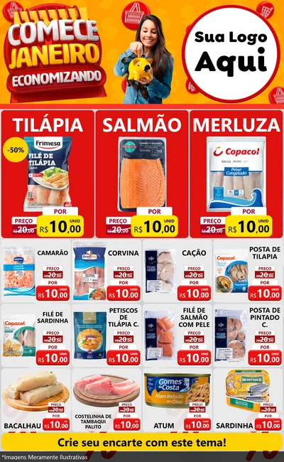 Modelo de Encarte para Encarte Grande com o tema Comece Janeiro Economizando para Peixaria