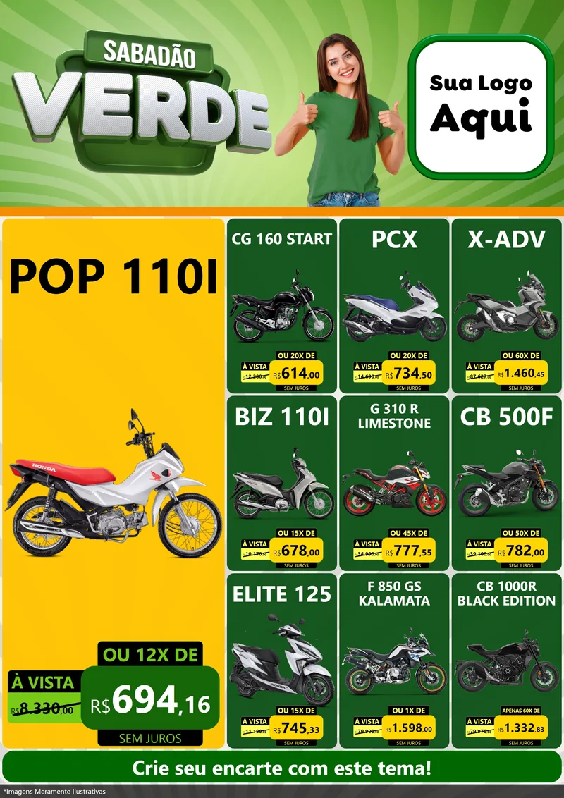 Modelo de Encarte para Encarte A4 Vertical com o tema Sabadão Verde para Concessionaria de Motos