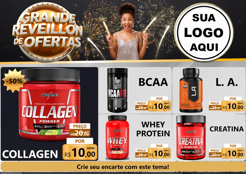 Modelo de Encarte para Encarte A4 Horizontal com o tema Grande Réveillon de Ofertas para Suplementos alimentares