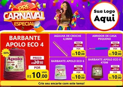 Modelo de Encarte para Encarte A4 Horizontal com o tema Pré-Carnaval Especial para Armarinho e Aviamentos