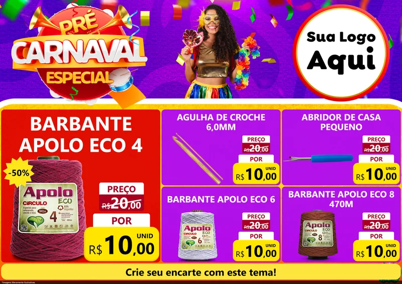 Modelo de Encarte para Encarte A4 Horizontal com o tema Pré-Carnaval Especial para Armarinho e Aviamentos