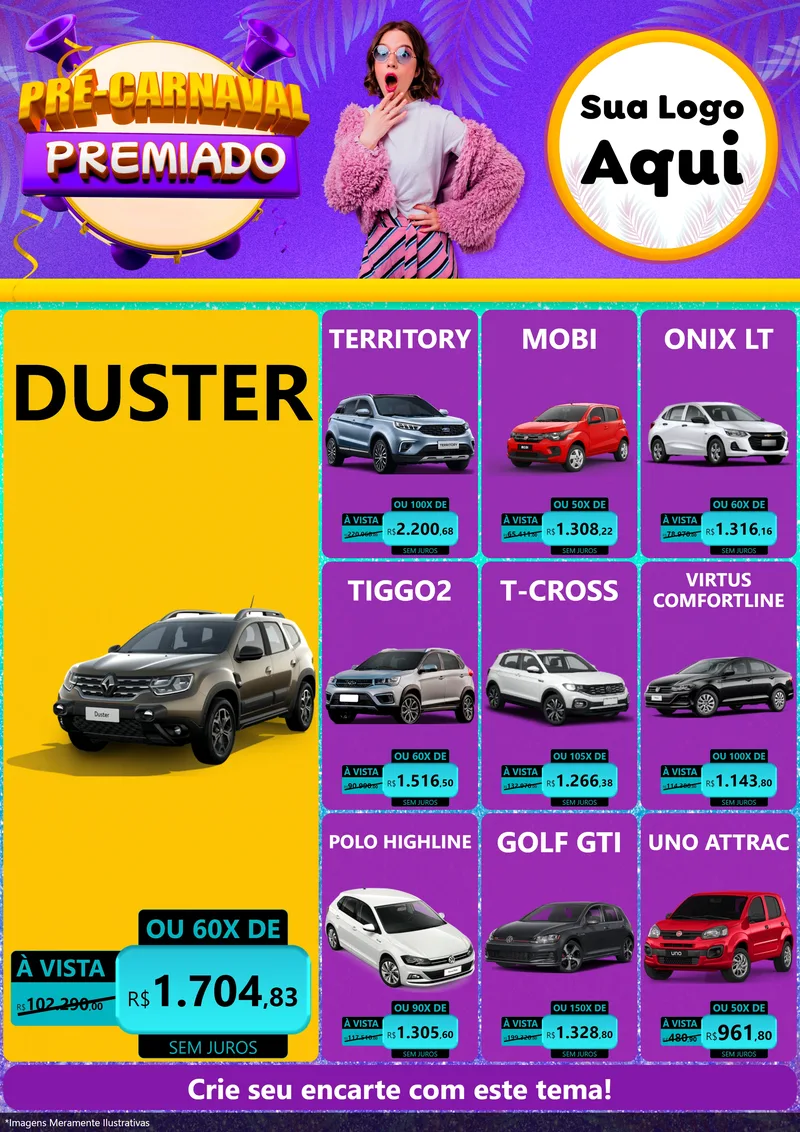 Modelo de Encarte para Encarte A4 Vertical com o tema Pré-Carnaval Premiado para Concessionaria de Carros