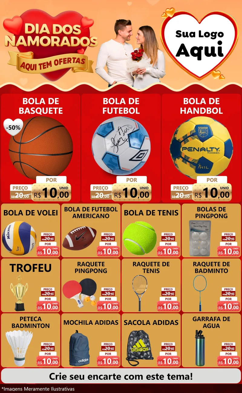 Modelo de Encarte para Encarte Grande com o tema Dia dos Namorados - Aqui Tem Ofertas para Artigos Esportivos