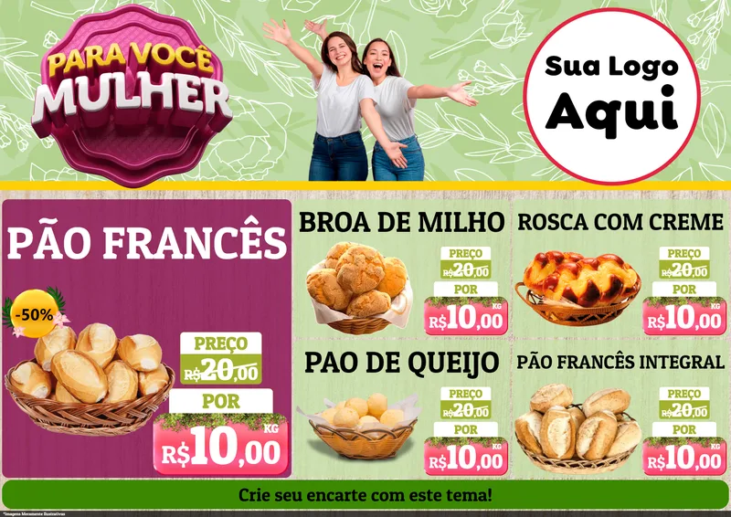 Modelo de Encarte para Encarte A4 Horizontal com o tema Para Você Mulher para Padaria