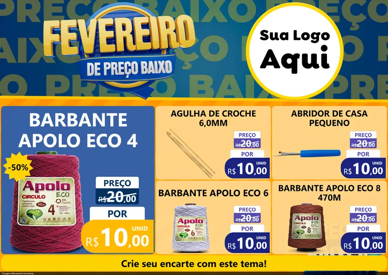 Modelo de Encarte para Encarte A4 Horizontal com o tema Fevereiro de Preço Baixo para Armarinho e Aviamentos