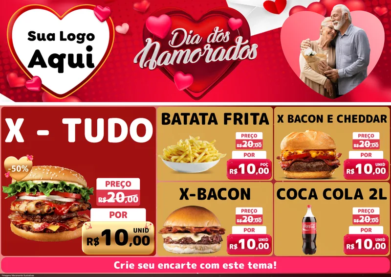Modelo de Encarte para Encarte A4 Horizontal com o tema Dia Dos Namorados para Hamburgueria
