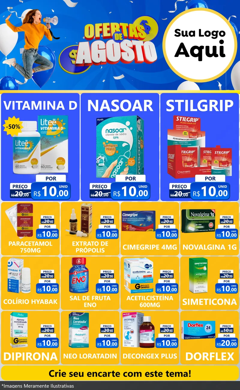 Modelo de Encarte para Encarte Grande com o tema Ofertas de Agosto para Farmácia