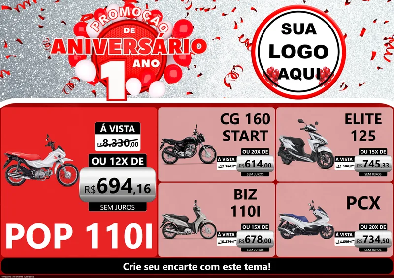 Modelo de Encarte para Encarte A4 Horizontal com o tema Promoção de Aniversário - 1 Ano para Concessionaria de Motos