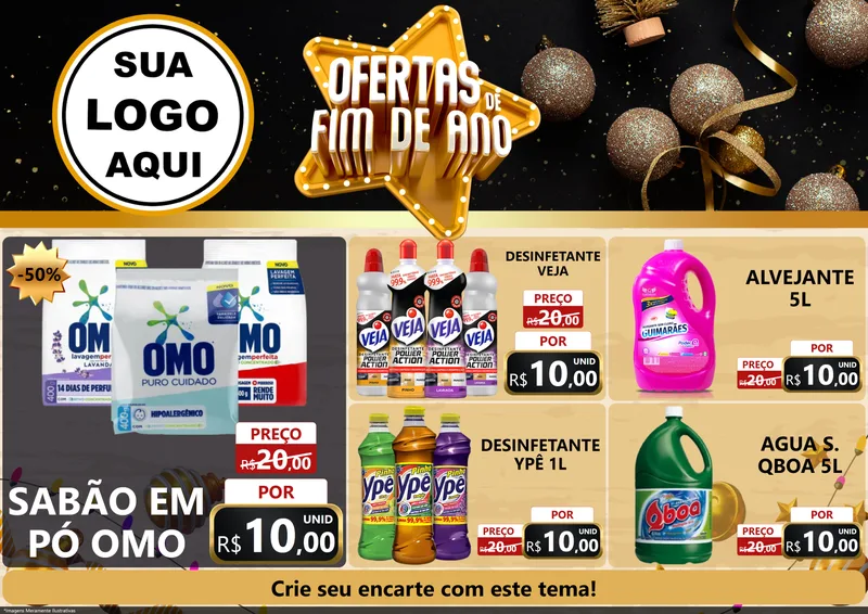 Modelo de Encarte para Encarte A4 Horizontal com o tema Ofertas de Fim de Ano para Produtos de Limpeza