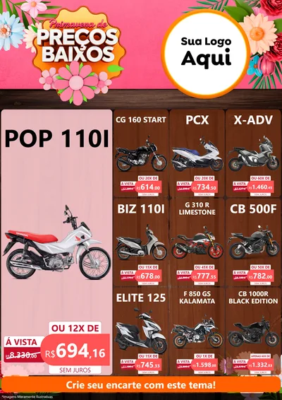 Modelo de Encarte para Encarte A4 Vertical com o tema Primavera de Preços Baixos para Concessionaria de Motos