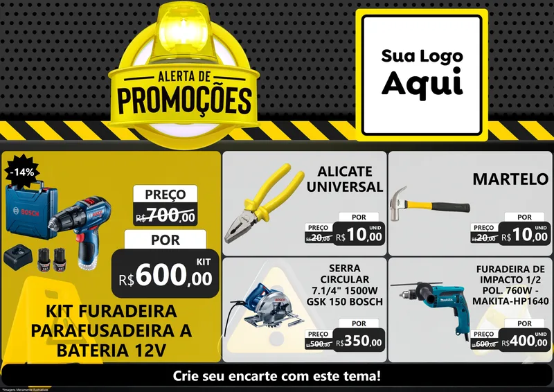 Modelo de Encarte para Encarte A4 Horizontal com o tema Alerta de Promoções para Maquinas e Ferramentas