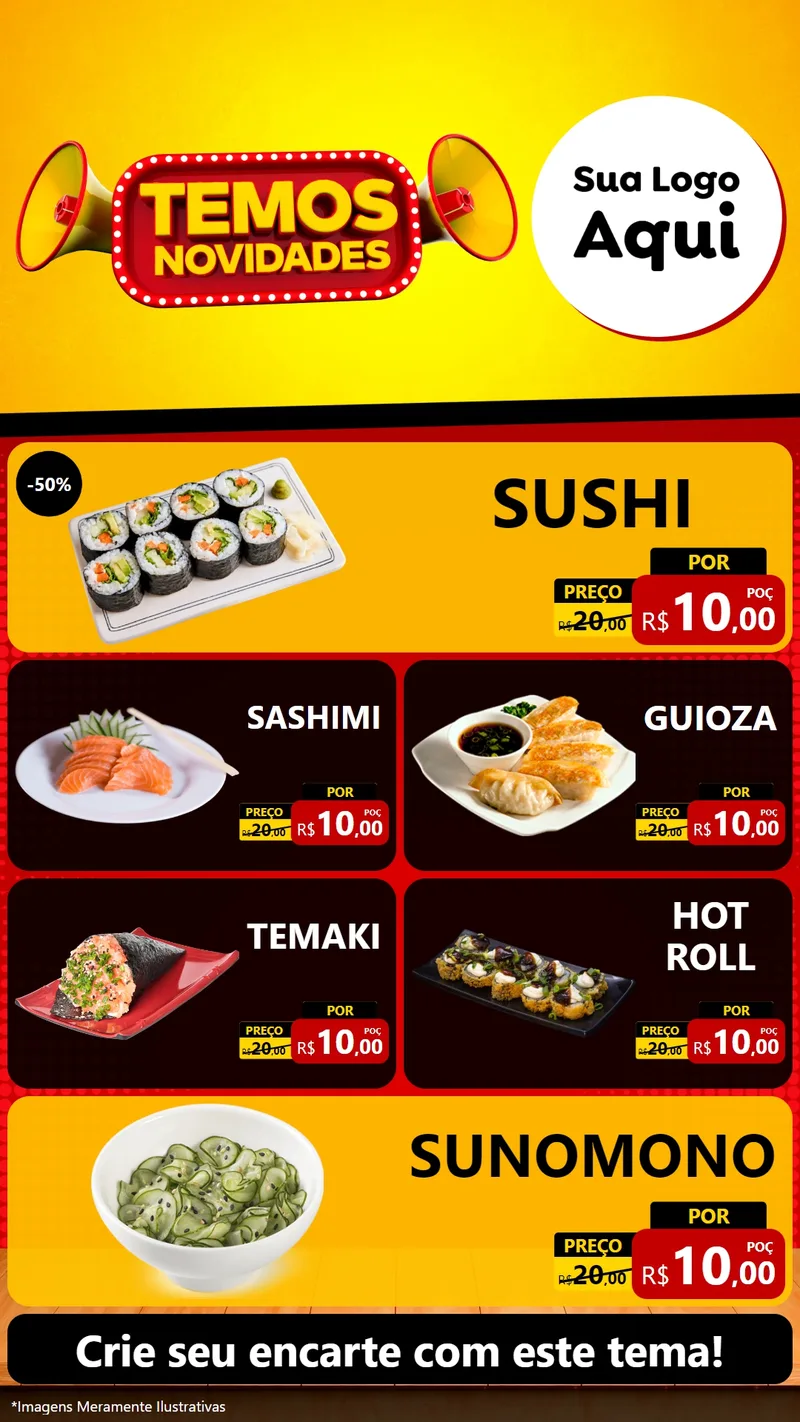 Modelo de TV para TV Vertical com o tema Temos Novidades para Comida japonesa