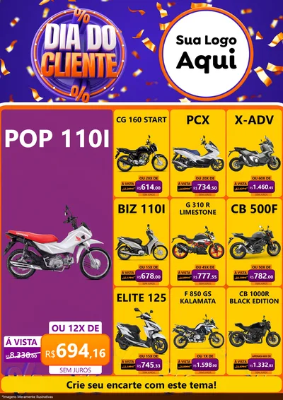Modelo de Encarte para Encarte A4 Vertical com o tema Dia do Cliente para Concessionaria de Motos