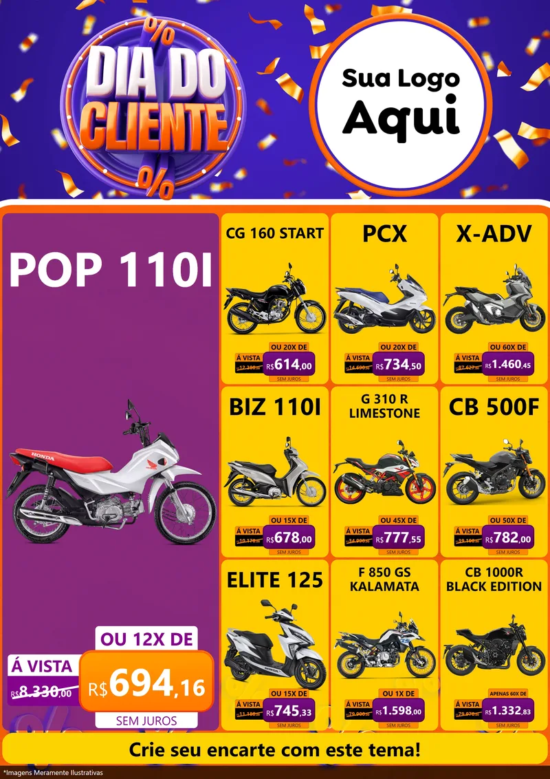 Modelo de Encarte para Encarte A4 Vertical com o tema Dia do Cliente para Concessionaria de Motos