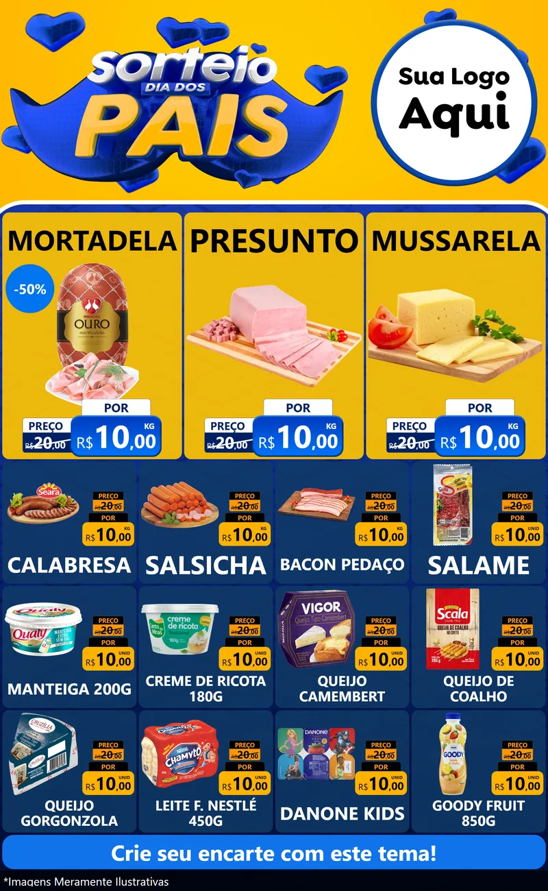 Modelo de Encarte para Encarte Grande com o tema Sorteio Dia dos Pais para Frios e Laticínios