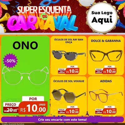 Modelo de Rede Social para Feed Facebook com o tema Super Esquenta de Carnaval para Óticas