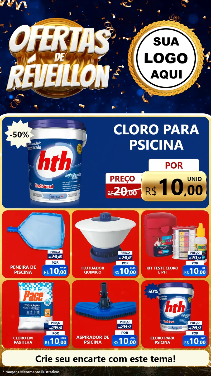 Modelo de Rede Social para Stories com o tema Ofertas de Réveillon para Produtos para Piscina