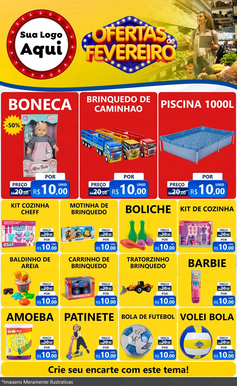 Modelo de Encarte para Encarte Grande com o tema Ofertas de Fevereiro para Brinquedos
