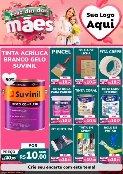 Modelo de Encarte para Encarte A4 Vertical com o tema Feliz Dia das Mães para Tintas e Ferramentas