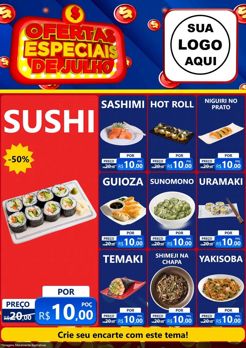 Modelo de Encarte para Encarte A4 Vertical com o tema Ofertas Especiais de Julho para Comida japonesa