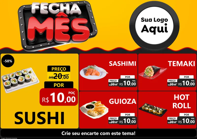 Modelo de Encarte para Encarte A4 Horizontal com o tema Fecha Mês para Comida japonesa