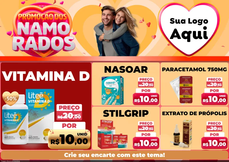 Modelo de Encarte para Encarte A4 Horizontal com o tema Promoção dos Namorados para Farmácia