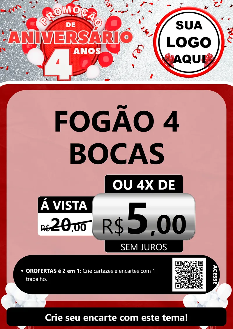 Modelo de Cartaz para Cartaz A4 Vertical com o tema Promoção de Aniversário - 4 Anos para Móveis e Eletro